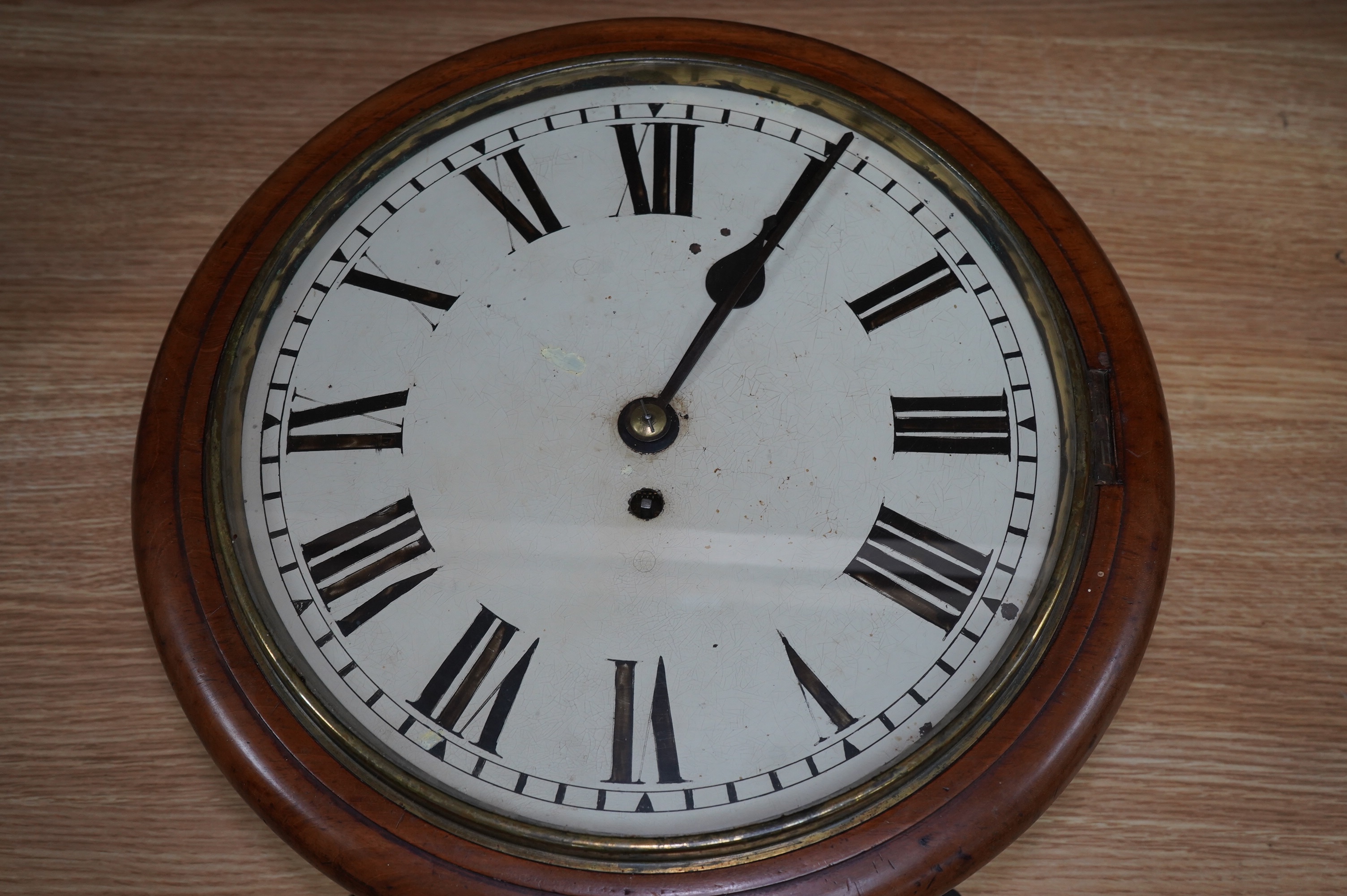 A Victorian mahogany circular dial wall timepiece, single fusee movement, 38cm diameter. Condition - fair, not tested